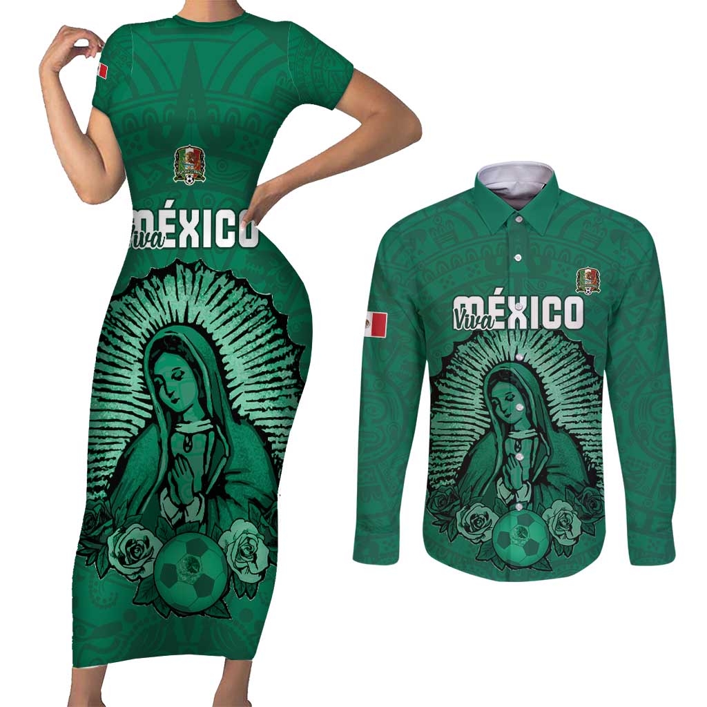 Custom Mexico Guadalupe Football Couples Matching Short Sleeve Bodycon Dress and Long Sleeve Button Shirt Viva Mexico
