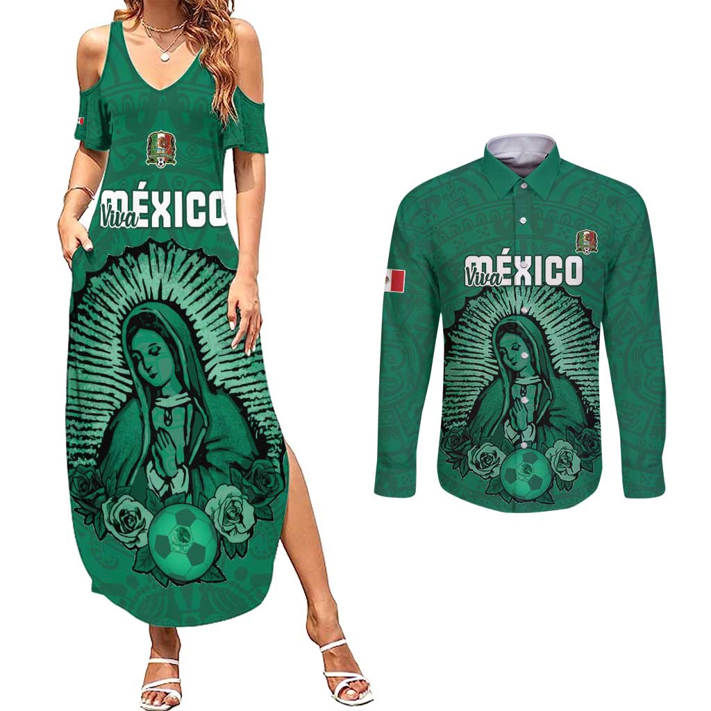 Custom Mexico Guadalupe Football Couples Matching Summer Maxi Dress and Long Sleeve Button Shirt Viva Mexico