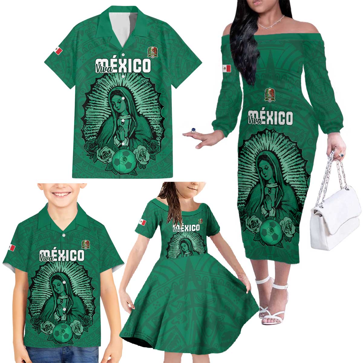 Custom Mexico Guadalupe Football Family Matching Off The Shoulder Long Sleeve Dress and Hawaiian Shirt Viva Mexico