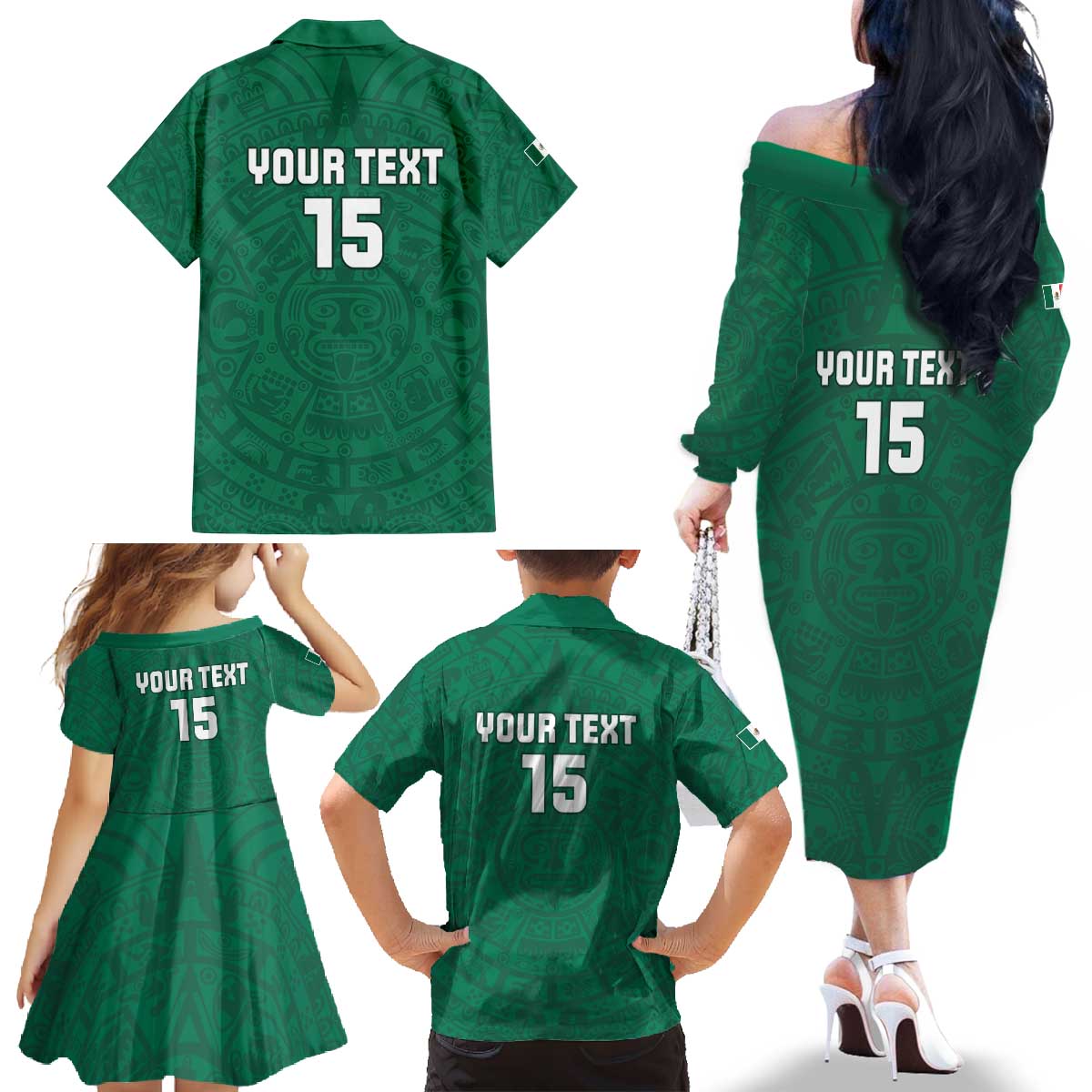 Custom Mexico Guadalupe Football Family Matching Off The Shoulder Long Sleeve Dress and Hawaiian Shirt Viva Mexico
