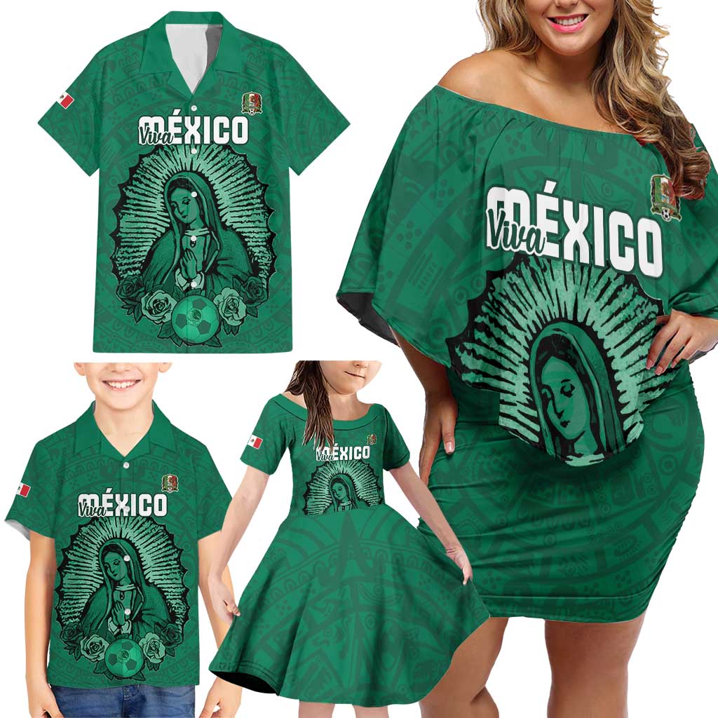 Custom Mexico Guadalupe Football Family Matching Off Shoulder Short Dress and Hawaiian Shirt Viva Mexico
