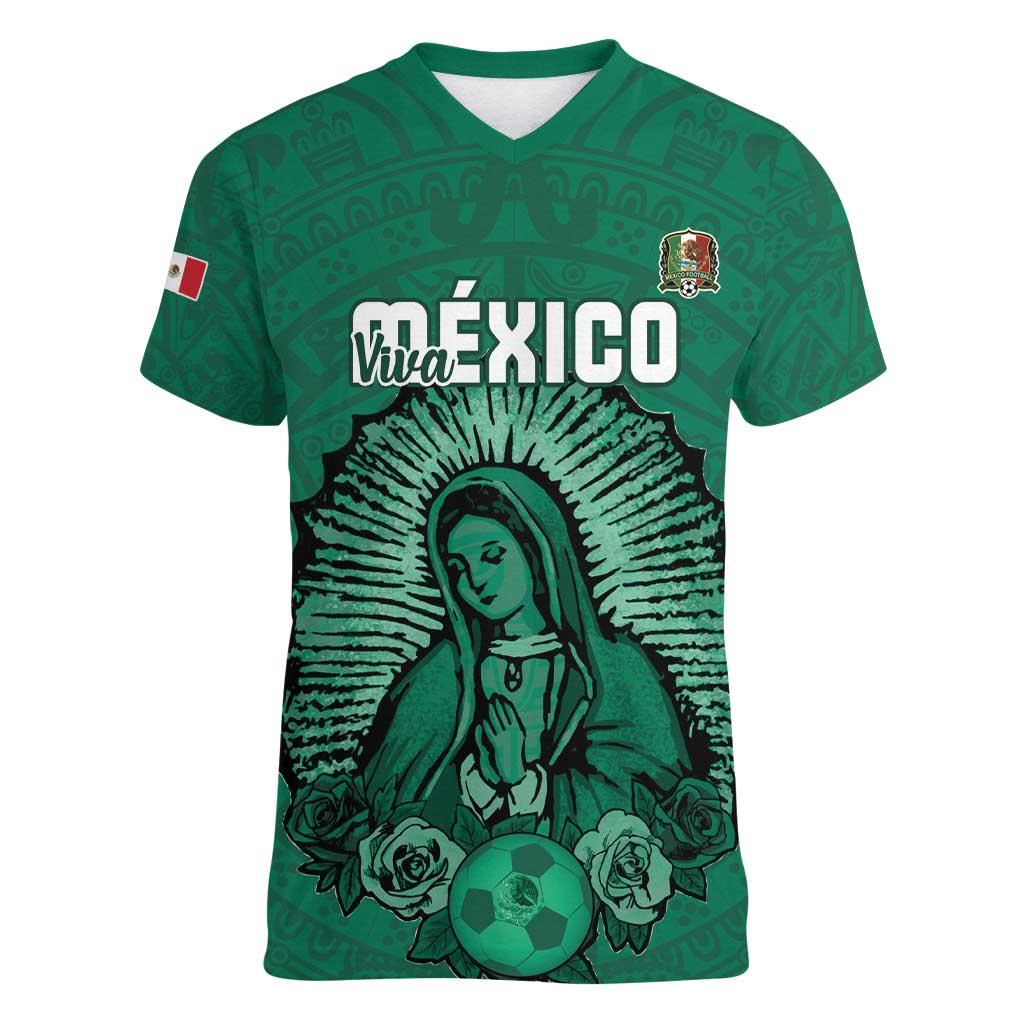 Custom Mexico Guadalupe Football Women V-Neck T-Shirt Viva Mexico