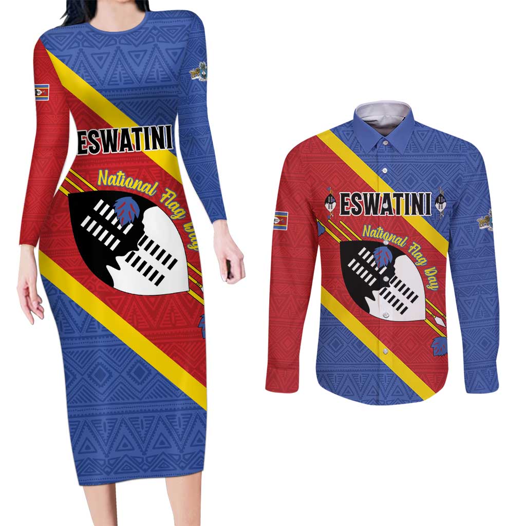 Personalized Eswatini National Flag Day Couples Matching Long Sleeve Bodycon Dress and Long Sleeve Button Shirt Nguni Shield Flag Style