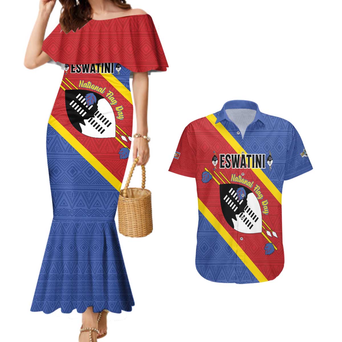 Personalized Eswatini National Flag Day Couples Matching Mermaid Dress and Hawaiian Shirt Nguni Shield Flag Style