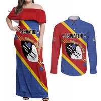 Personalized Eswatini National Flag Day Couples Matching Off Shoulder Maxi Dress and Long Sleeve Button Shirt Nguni Shield Flag Style
