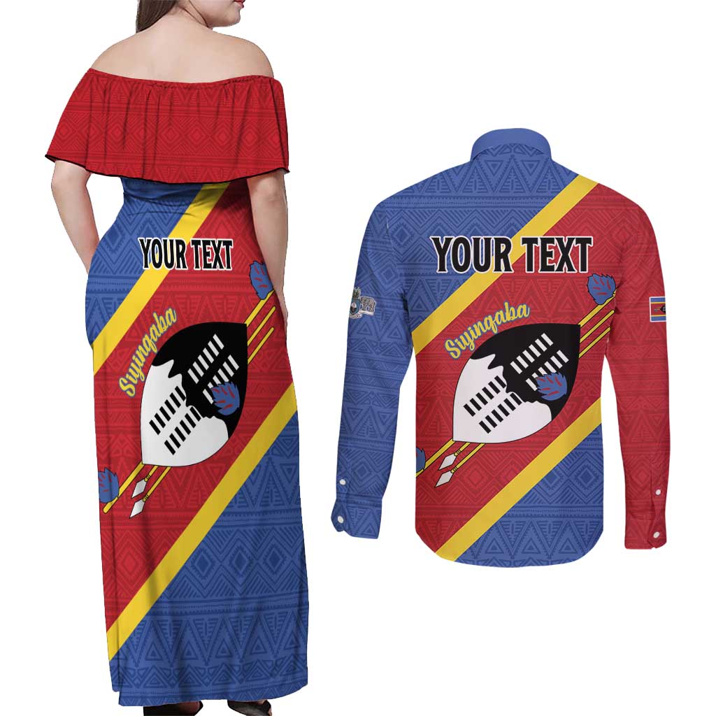 Personalized Eswatini National Flag Day Couples Matching Off Shoulder Maxi Dress and Long Sleeve Button Shirt Nguni Shield Flag Style
