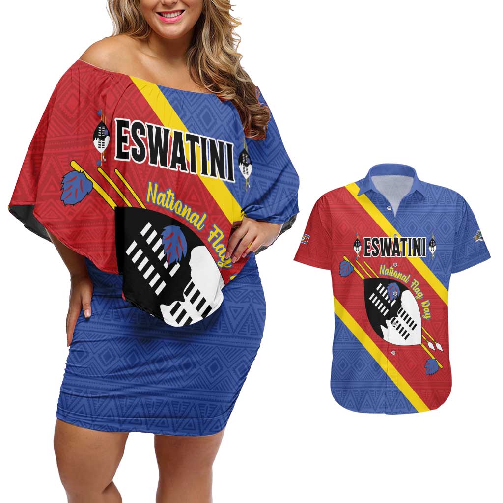Personalized Eswatini National Flag Day Couples Matching Off Shoulder Short Dress and Hawaiian Shirt Nguni Shield Flag Style