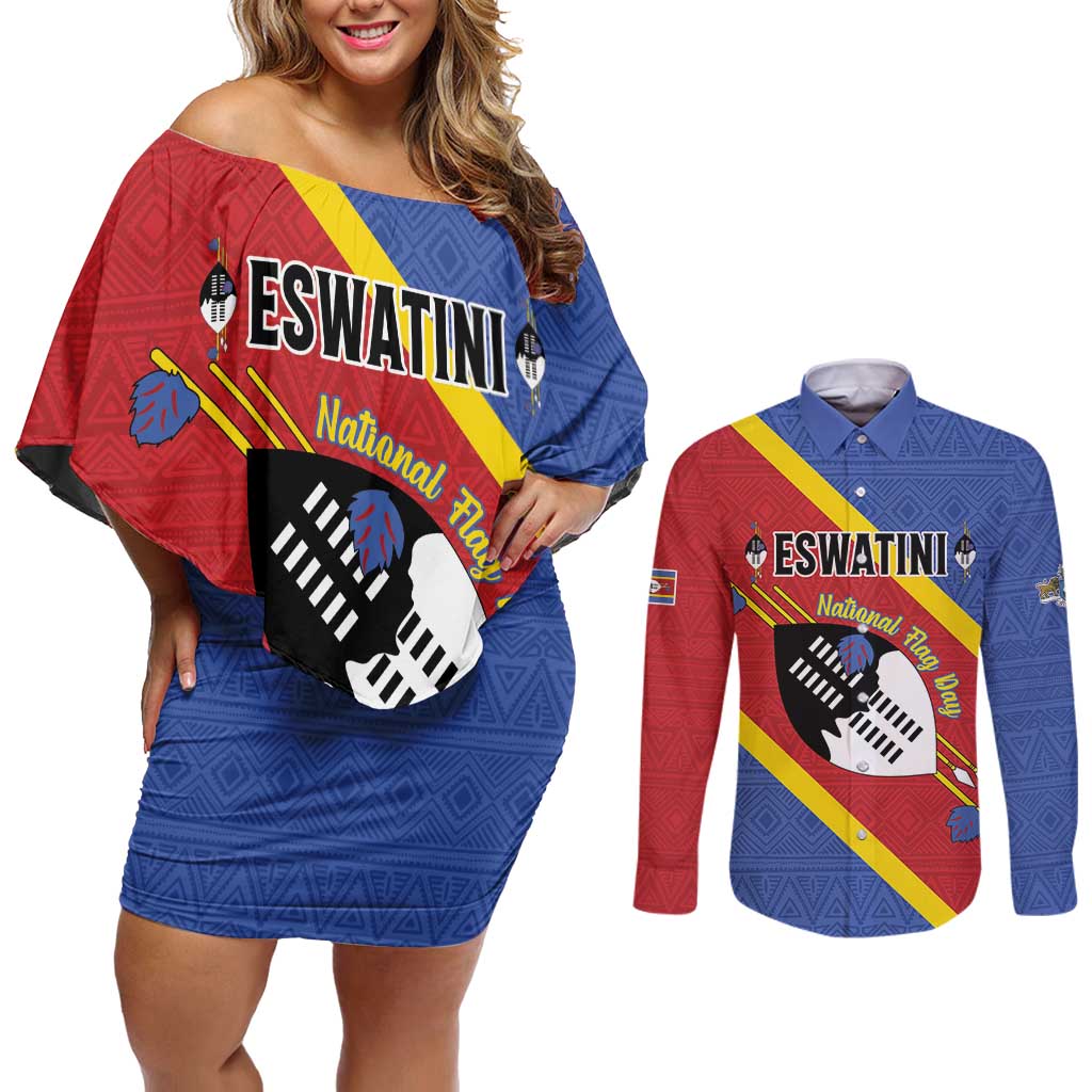 Personalized Eswatini National Flag Day Couples Matching Off Shoulder Short Dress and Long Sleeve Button Shirt Nguni Shield Flag Style