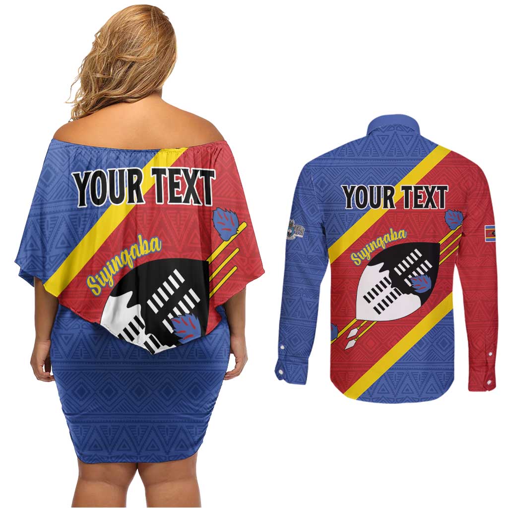 Personalized Eswatini National Flag Day Couples Matching Off Shoulder Short Dress and Long Sleeve Button Shirt Nguni Shield Flag Style