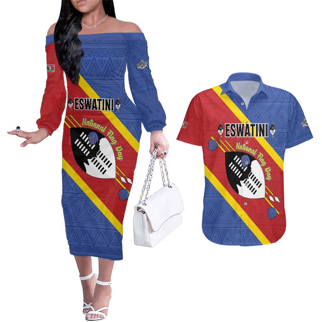 Personalized Eswatini National Flag Day Couples Matching Off The Shoulder Long Sleeve Dress and Hawaiian Shirt Nguni Shield Flag Style