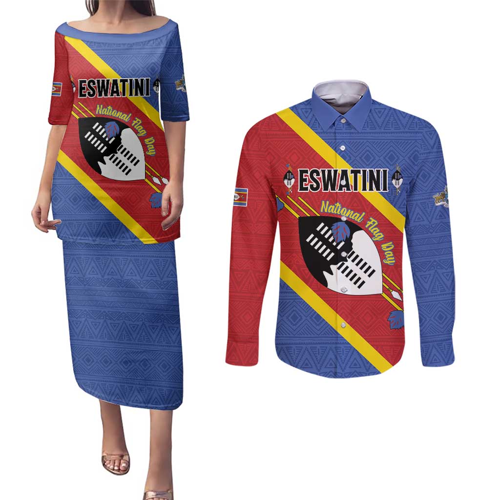 Personalized Eswatini National Flag Day Couples Matching Puletasi and Long Sleeve Button Shirt Nguni Shield Flag Style