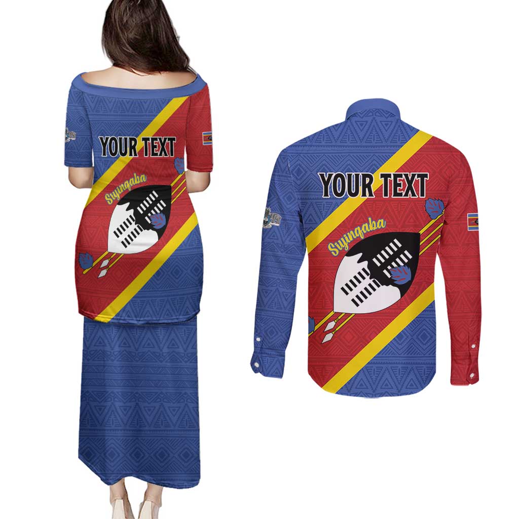 Personalized Eswatini National Flag Day Couples Matching Puletasi and Long Sleeve Button Shirt Nguni Shield Flag Style