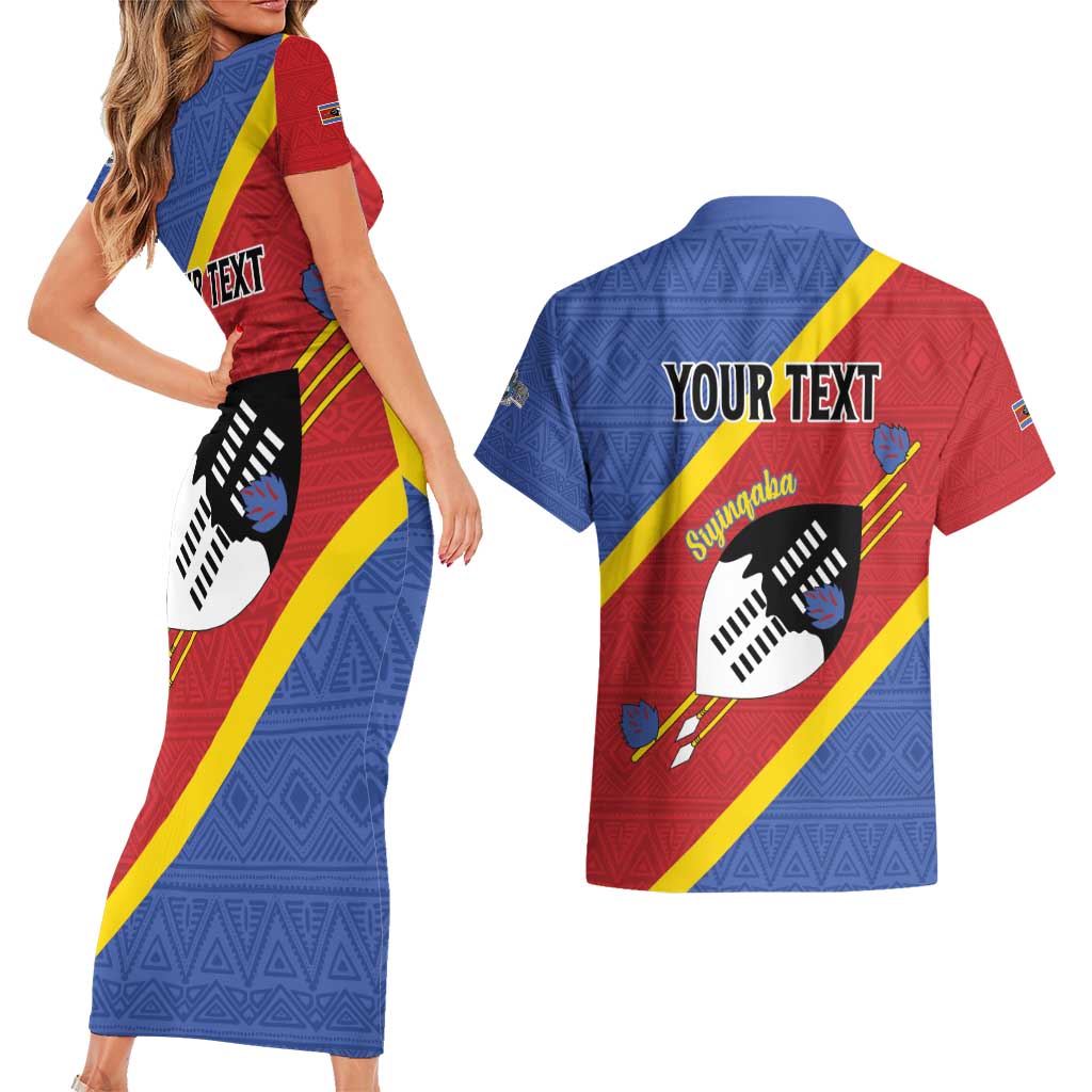 Personalized Eswatini National Flag Day Couples Matching Short Sleeve Bodycon Dress and Hawaiian Shirt Nguni Shield Flag Style