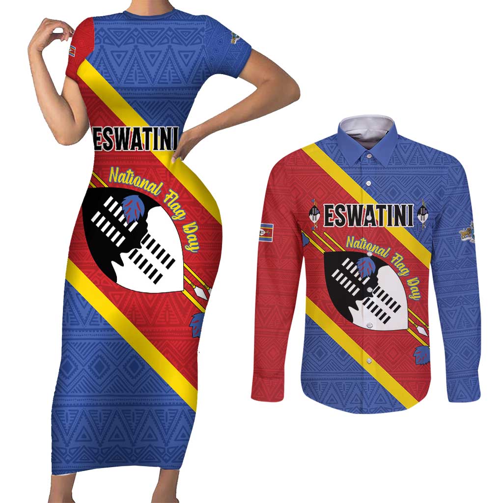 Personalized Eswatini National Flag Day Couples Matching Short Sleeve Bodycon Dress and Long Sleeve Button Shirt Nguni Shield Flag Style