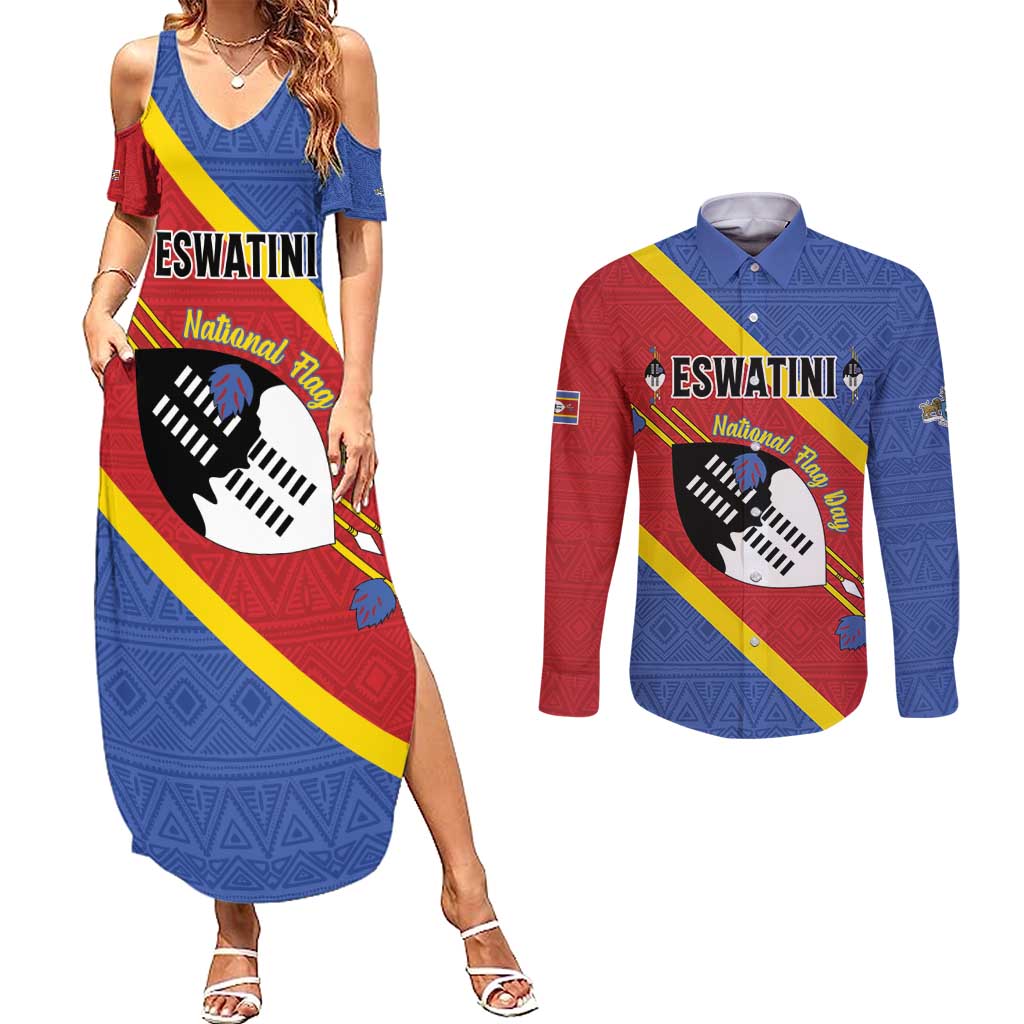 Personalized Eswatini National Flag Day Couples Matching Summer Maxi Dress and Long Sleeve Button Shirt Nguni Shield Flag Style