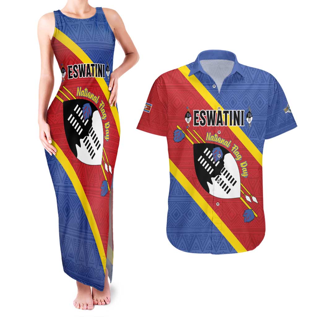 Personalized Eswatini National Flag Day Couples Matching Tank Maxi Dress and Hawaiian Shirt Nguni Shield Flag Style