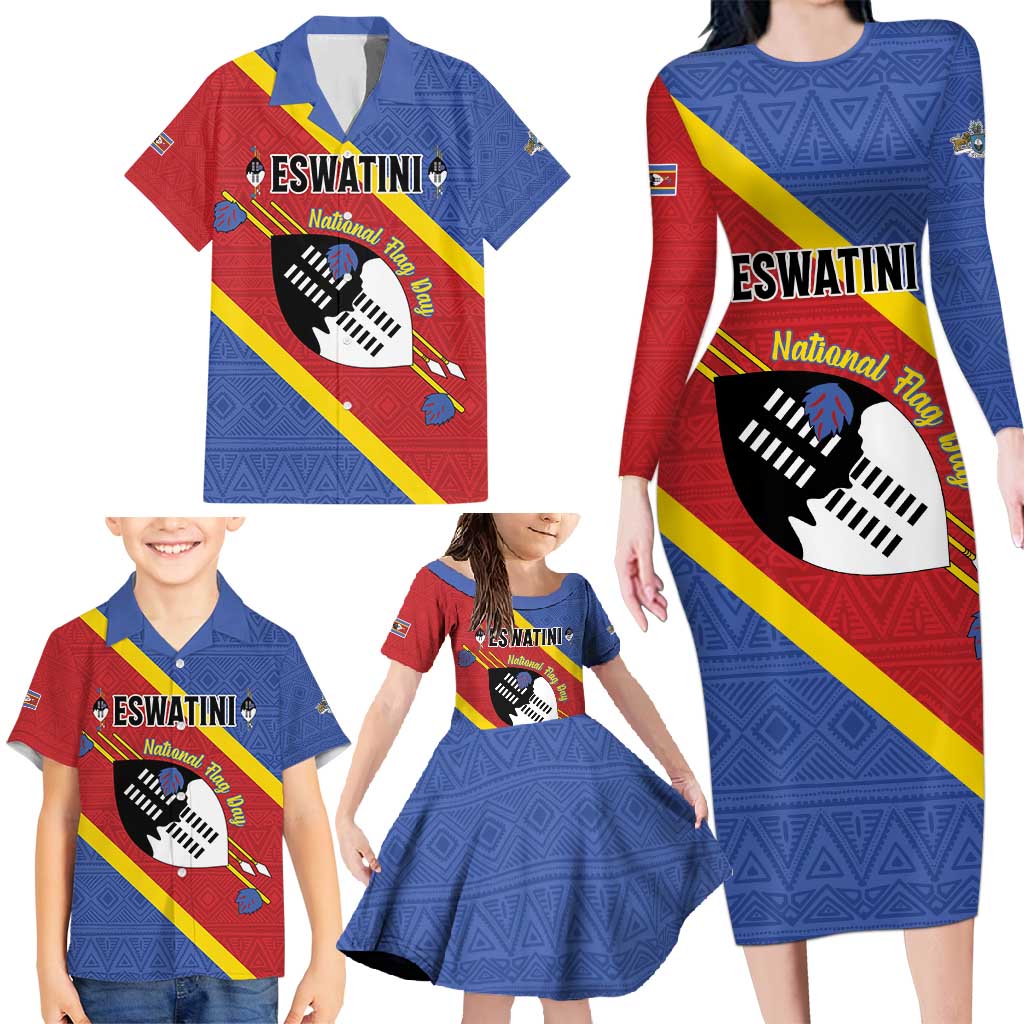Personalized Eswatini National Flag Day Family Matching Long Sleeve Bodycon Dress and Hawaiian Shirt Nguni Shield Flag Style
