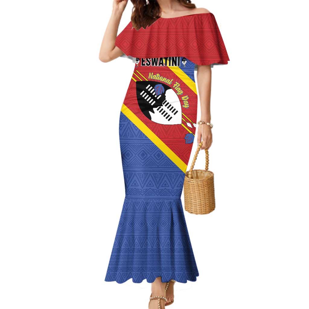Personalized Eswatini National Flag Day Family Matching Mermaid Dress and Hawaiian Shirt Nguni Shield Flag Style