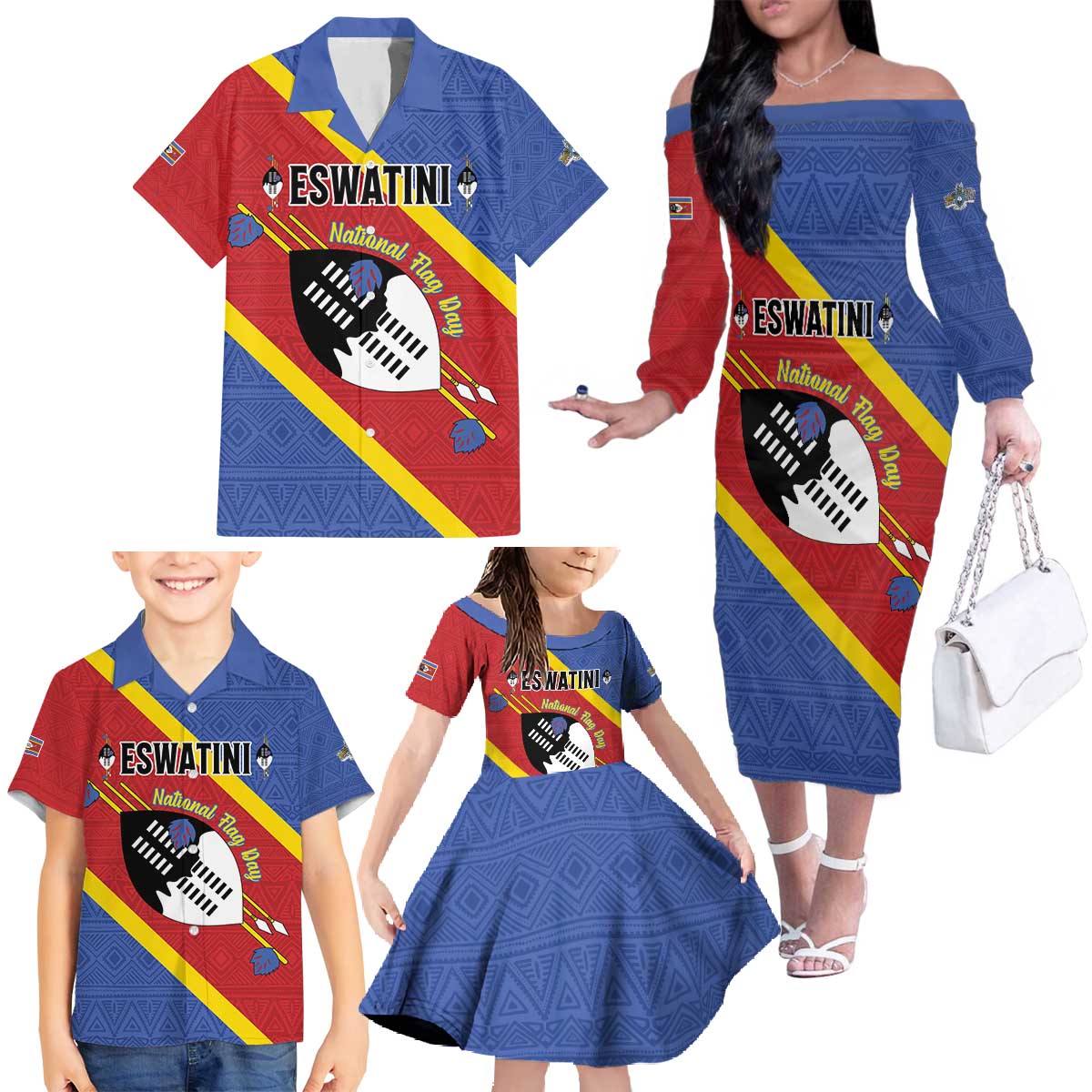 Personalized Eswatini National Flag Day Family Matching Off The Shoulder Long Sleeve Dress and Hawaiian Shirt Nguni Shield Flag Style
