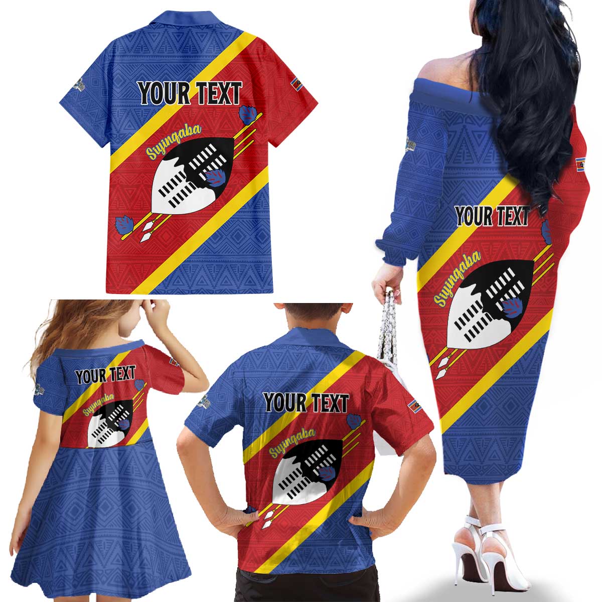 Personalized Eswatini National Flag Day Family Matching Off The Shoulder Long Sleeve Dress and Hawaiian Shirt Nguni Shield Flag Style