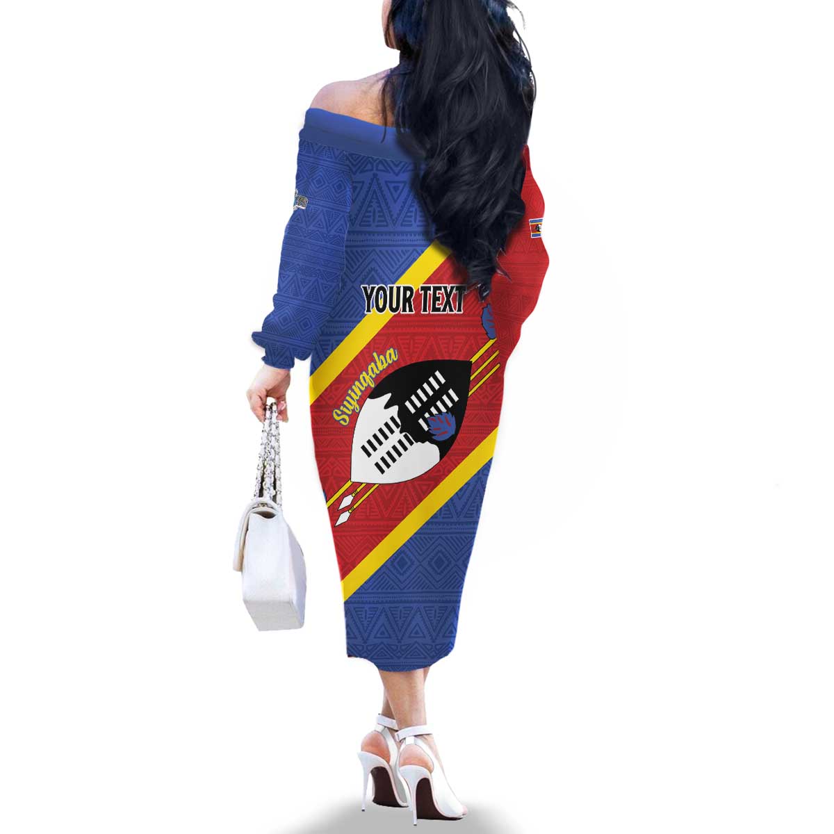 Personalized Eswatini National Flag Day Family Matching Off The Shoulder Long Sleeve Dress and Hawaiian Shirt Nguni Shield Flag Style