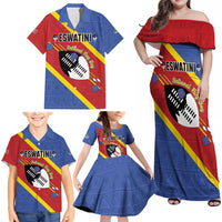 Personalized Eswatini National Flag Day Family Matching Off Shoulder Maxi Dress and Hawaiian Shirt Nguni Shield Flag Style