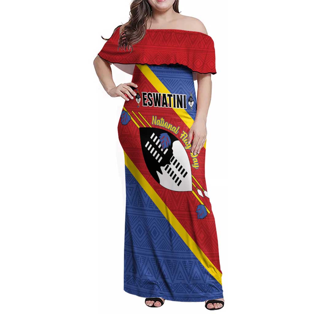 Personalized Eswatini National Flag Day Family Matching Off Shoulder Maxi Dress and Hawaiian Shirt Nguni Shield Flag Style