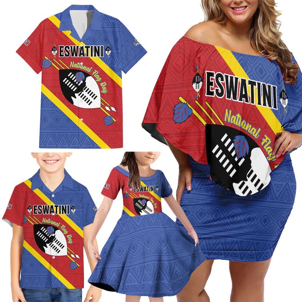 Personalized Eswatini National Flag Day Family Matching Off Shoulder Short Dress and Hawaiian Shirt Nguni Shield Flag Style