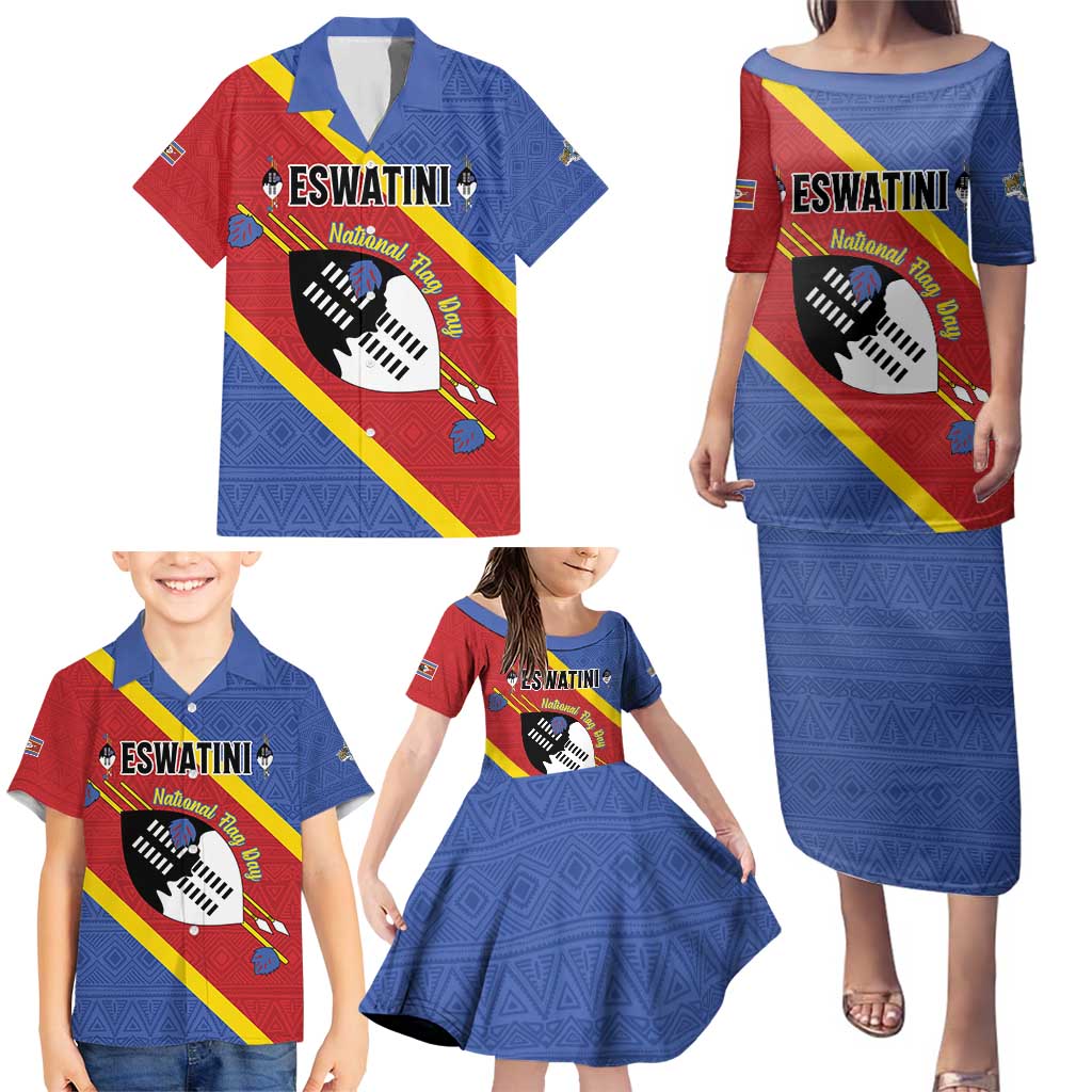 Personalized Eswatini National Flag Day Family Matching Puletasi and Hawaiian Shirt Nguni Shield Flag Style