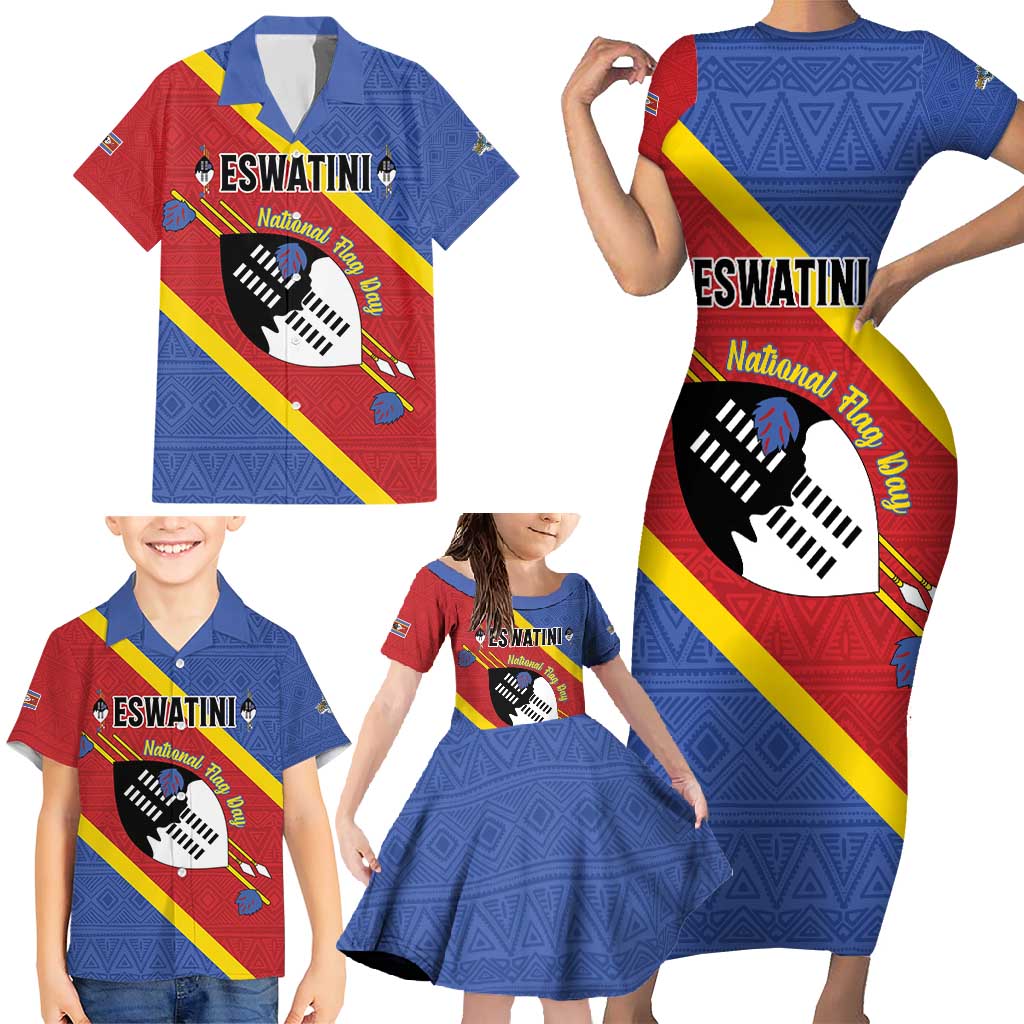 Personalized Eswatini National Flag Day Family Matching Short Sleeve Bodycon Dress and Hawaiian Shirt Nguni Shield Flag Style