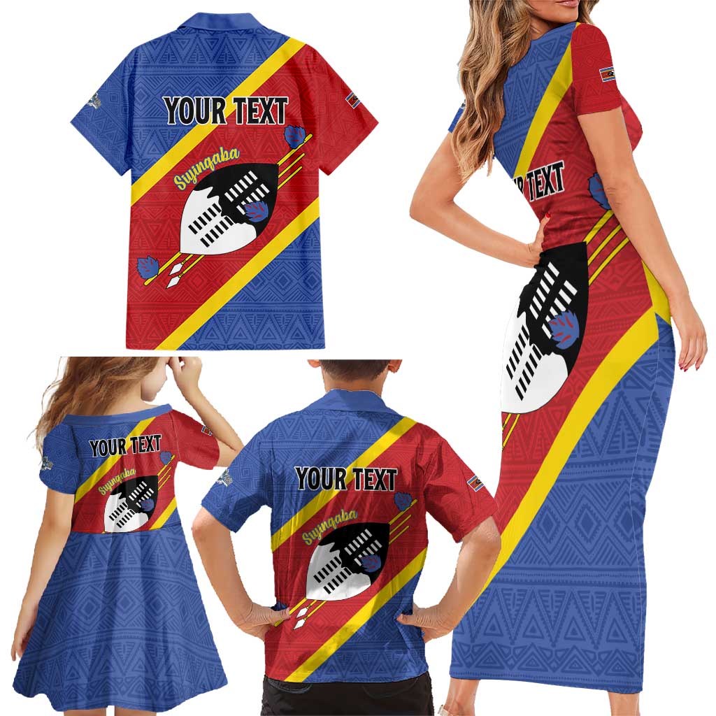 Personalized Eswatini National Flag Day Family Matching Short Sleeve Bodycon Dress and Hawaiian Shirt Nguni Shield Flag Style