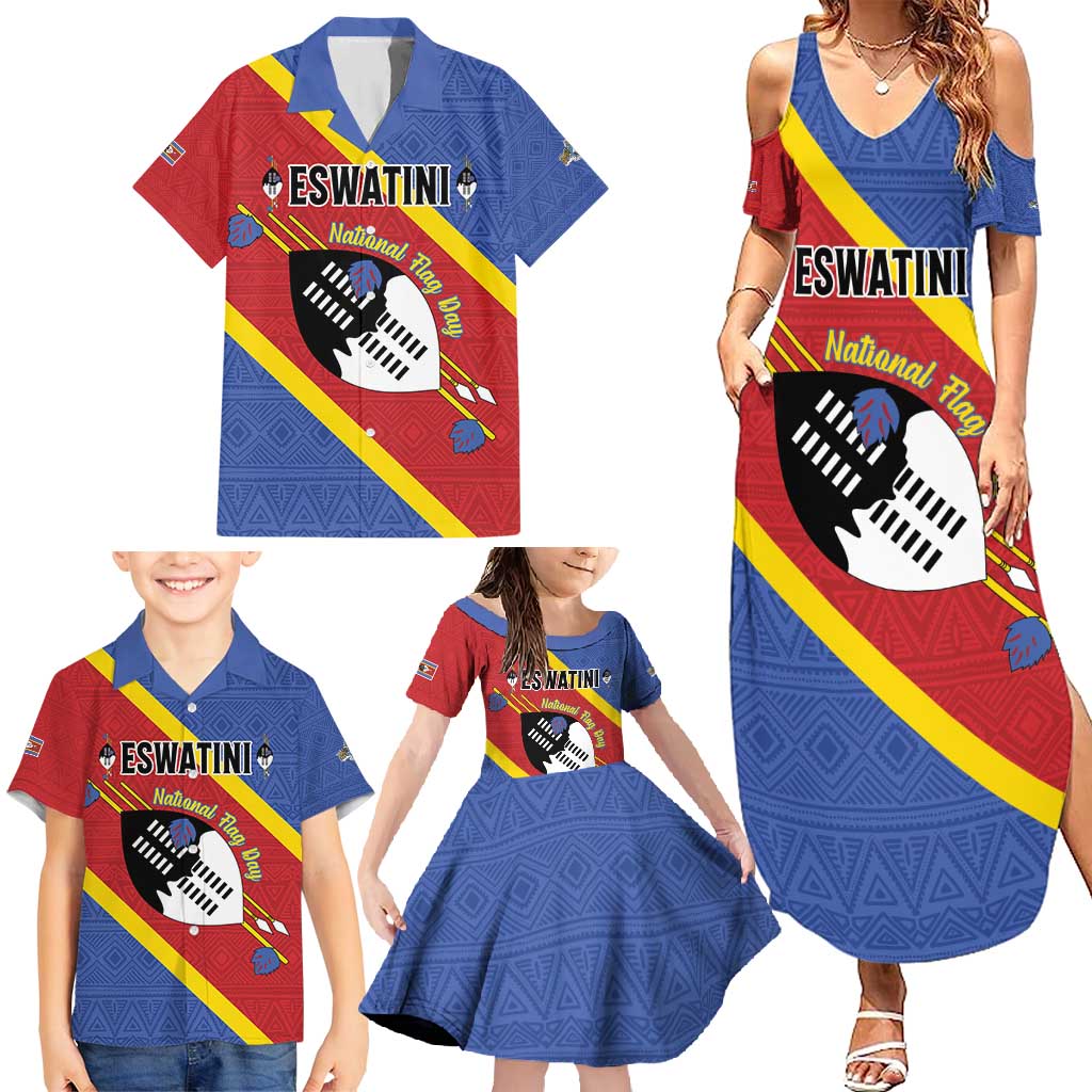 Personalized Eswatini National Flag Day Family Matching Summer Maxi Dress and Hawaiian Shirt Nguni Shield Flag Style