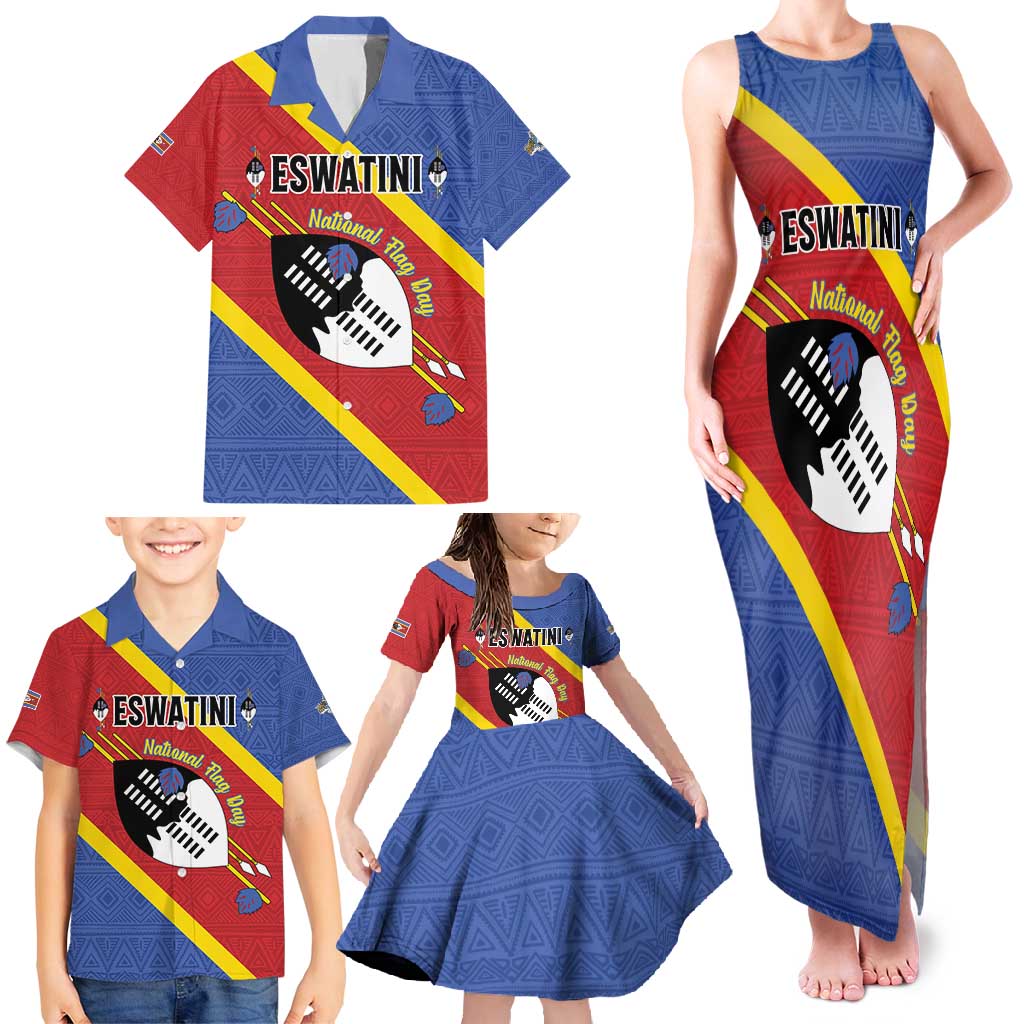 Personalized Eswatini National Flag Day Family Matching Tank Maxi Dress and Hawaiian Shirt Nguni Shield Flag Style