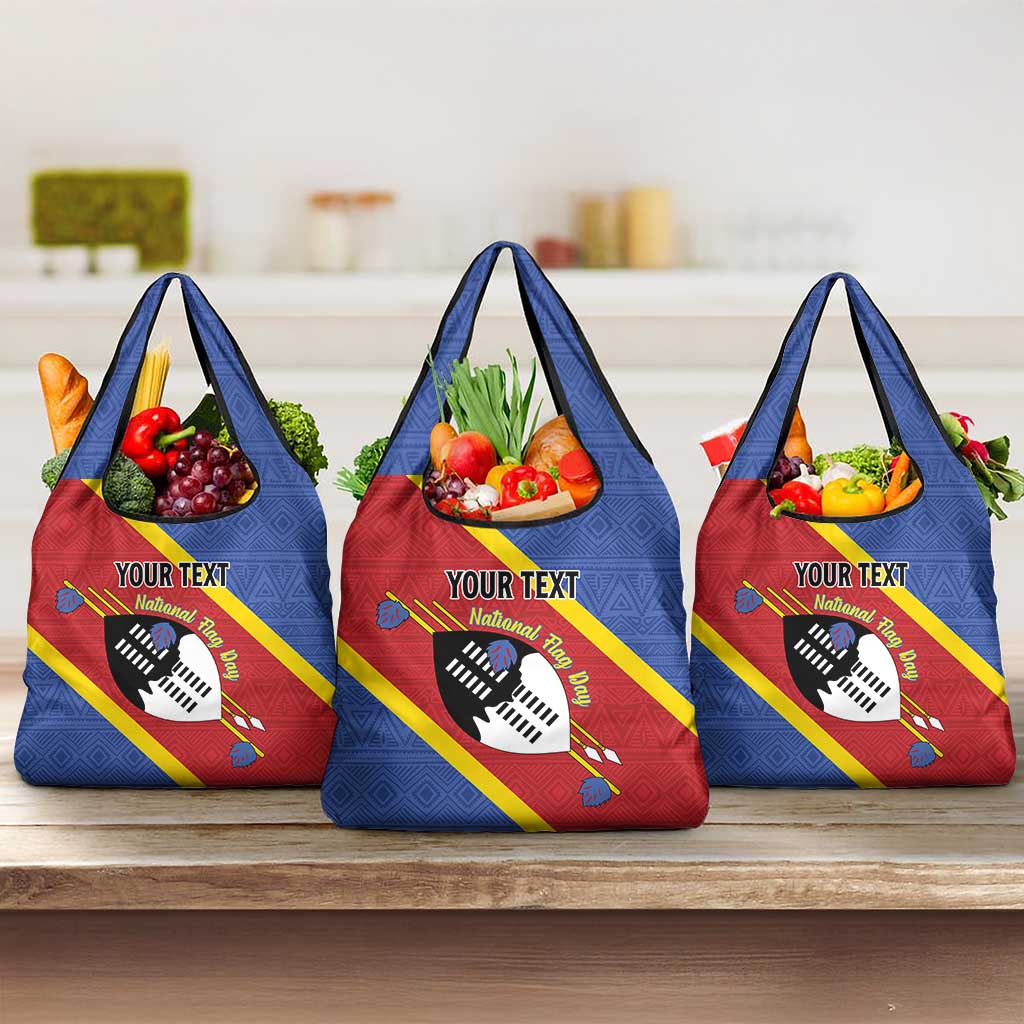 Personalized Eswatini National Flag Day Grocery Bag Nguni Shield Flag Style