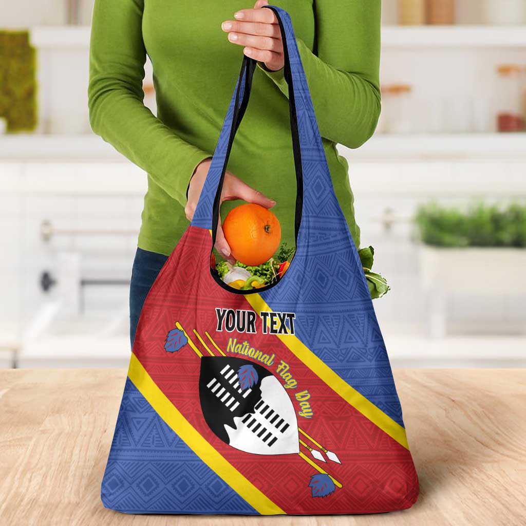 Personalized Eswatini National Flag Day Grocery Bag Nguni Shield Flag Style
