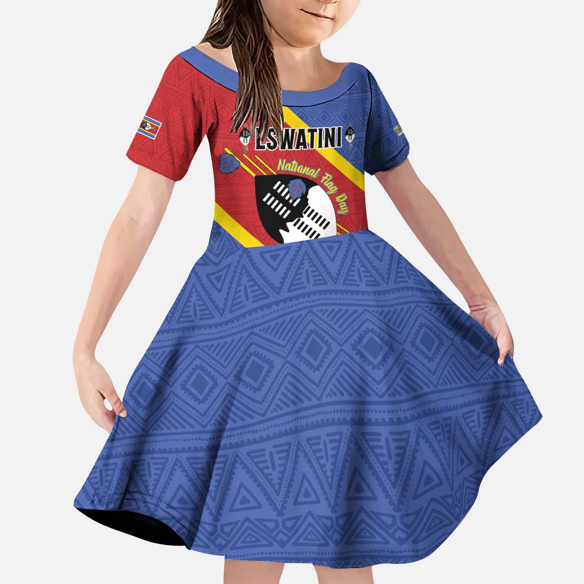 Personalized Eswatini National Flag Day Kid Short Sleeve Dress Nguni Shield Flag Style