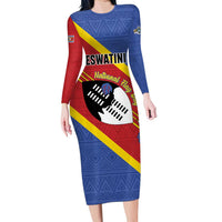 Personalized Eswatini National Flag Day Long Sleeve Bodycon Dress Nguni Shield Flag Style
