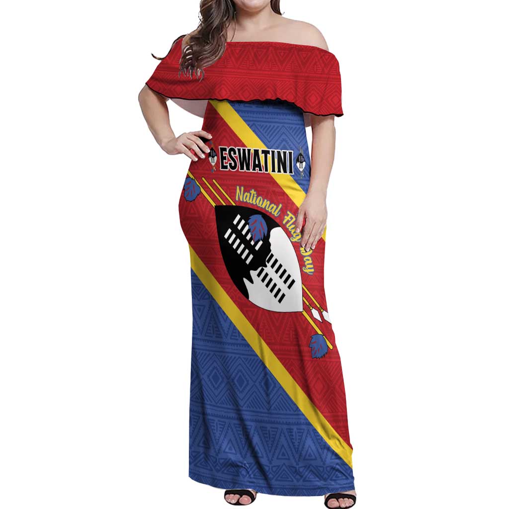 Personalized Eswatini National Flag Day Off Shoulder Maxi Dress Nguni Shield Flag Style