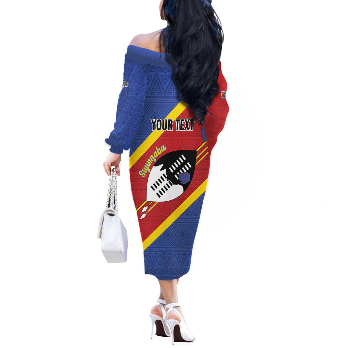 Personalized Eswatini National Flag Day Off The Shoulder Long Sleeve Dress Nguni Shield Flag Style