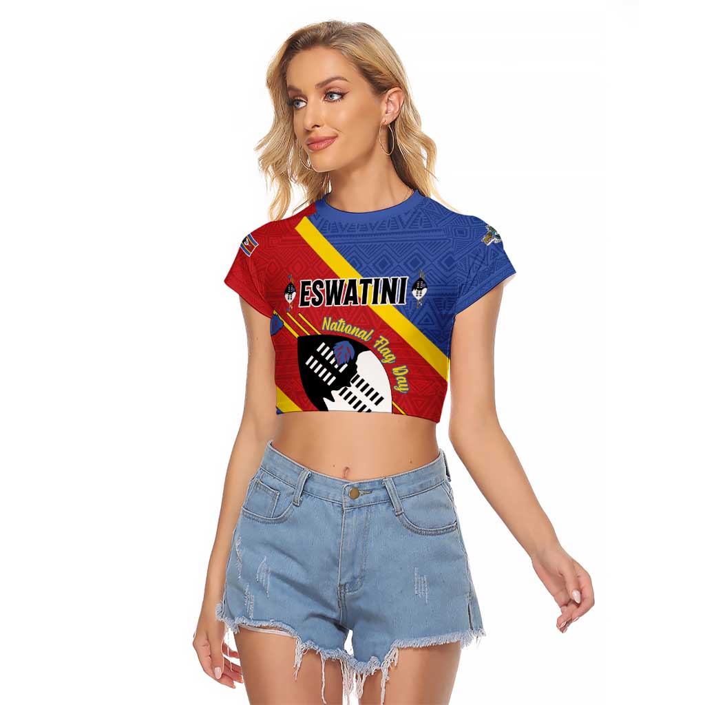 Personalized Eswatini National Flag Day Raglan Cropped T Shirt Nguni Shield Flag Style