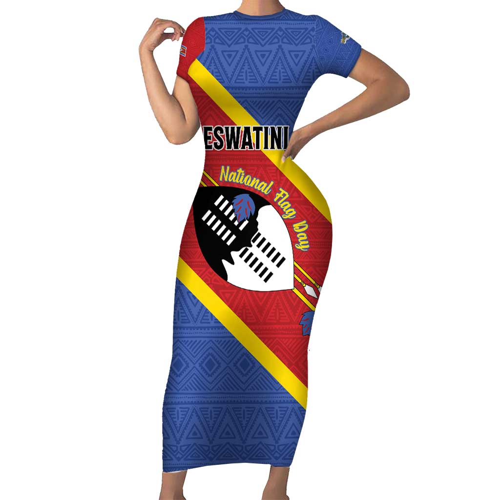 Personalized Eswatini National Flag Day Short Sleeve Bodycon Dress Nguni Shield Flag Style