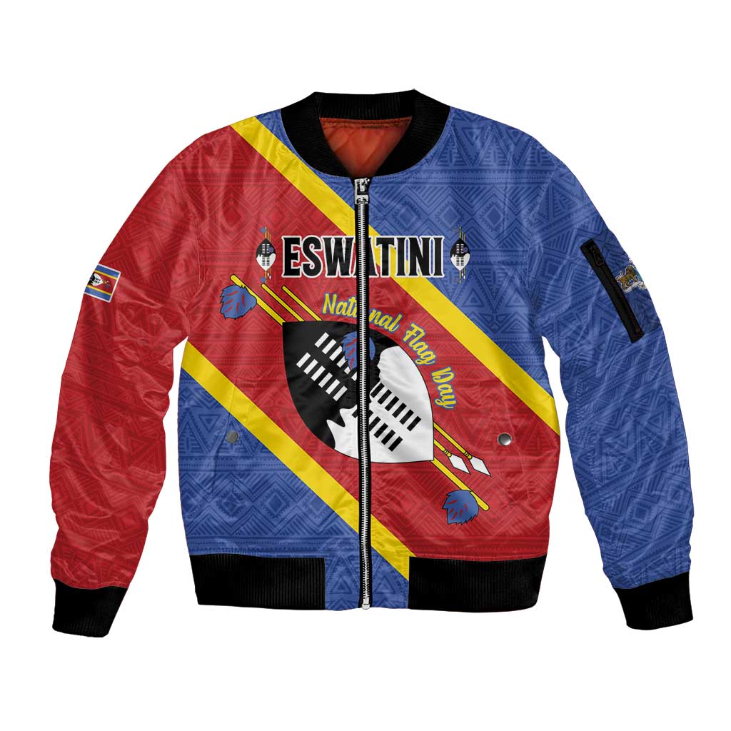 Personalized Eswatini National Flag Day Sleeve Zip Bomber Jacket Nguni Shield Flag Style