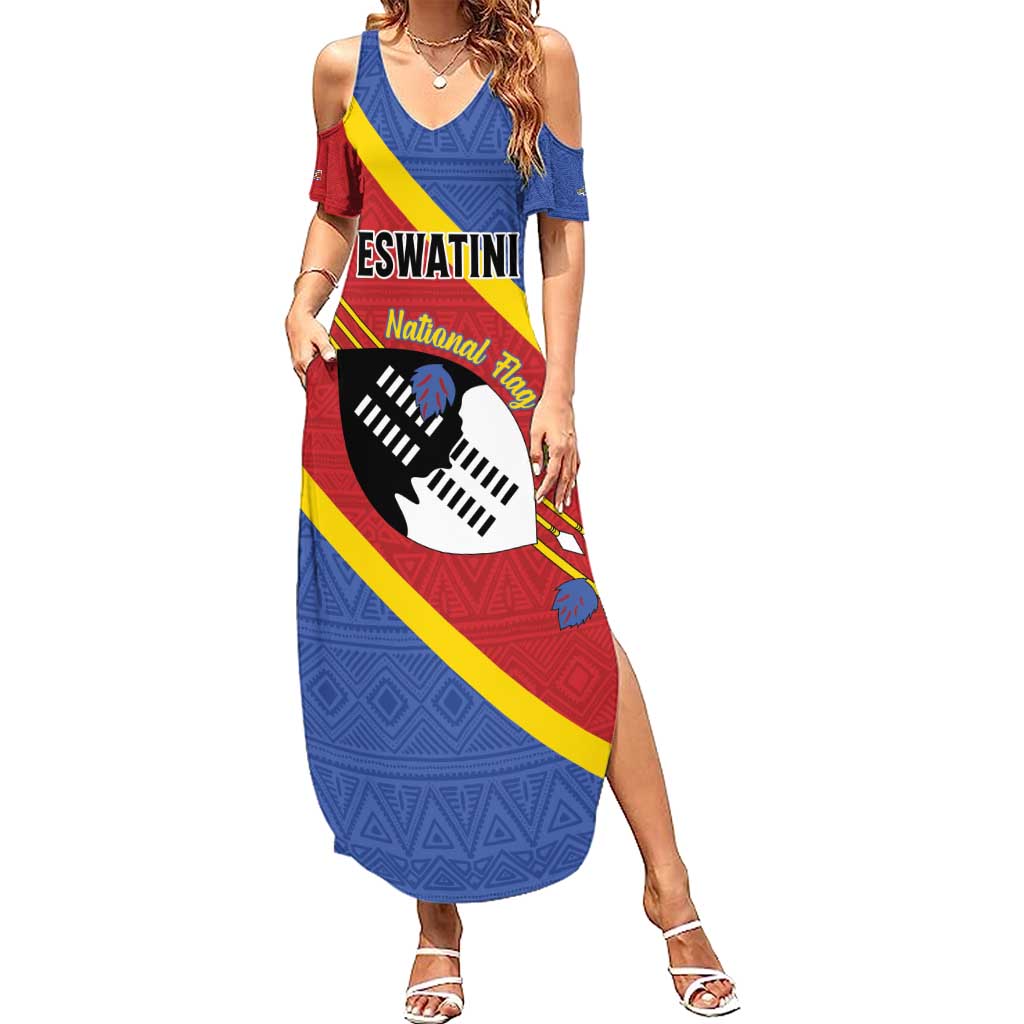 Personalized Eswatini National Flag Day Summer Maxi Dress Nguni Shield Flag Style