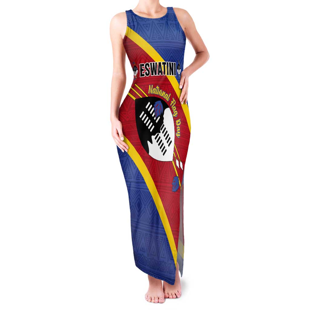 Personalized Eswatini National Flag Day Tank Maxi Dress Nguni Shield Flag Style