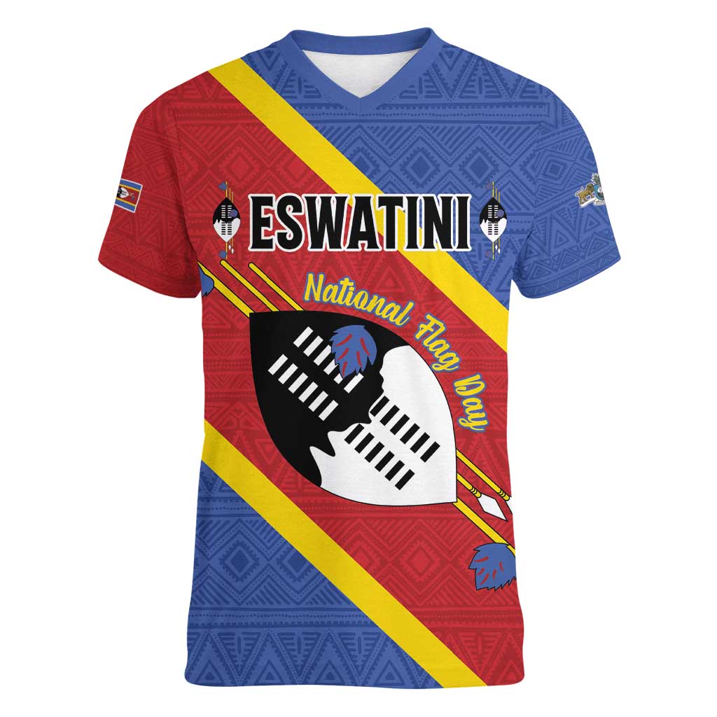 Personalized Eswatini National Flag Day Women V-Neck T-Shirt Nguni Shield Flag Style