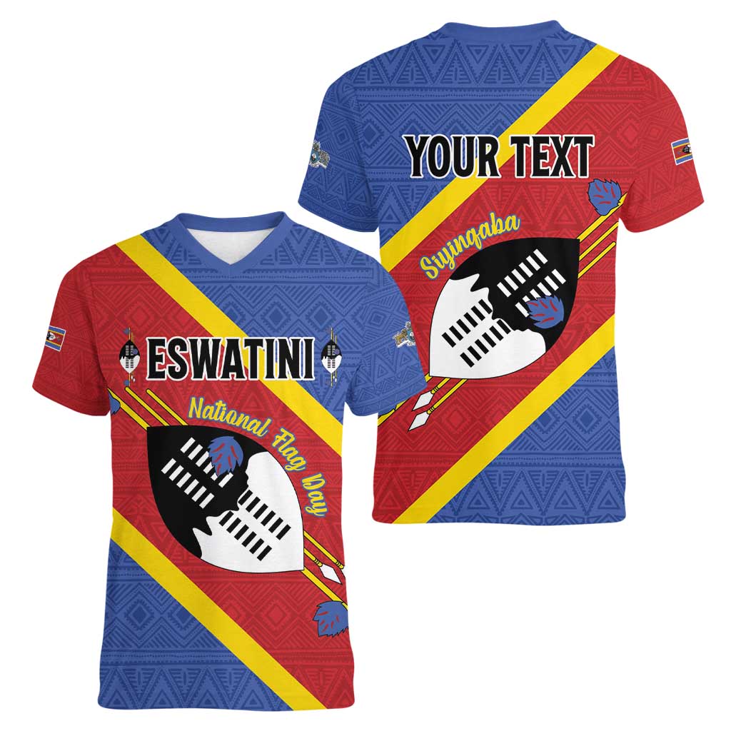 Personalized Eswatini National Flag Day Women V-Neck T-Shirt Nguni Shield Flag Style