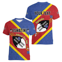 Personalized Eswatini National Flag Day Women V-Neck T-Shirt Nguni Shield Flag Style