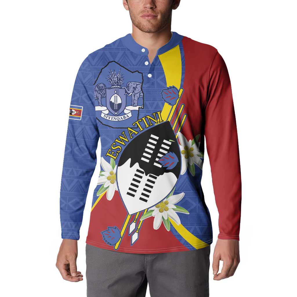 Eswatini Button Sweatshirt Nguni Shield Edelweiss Flower