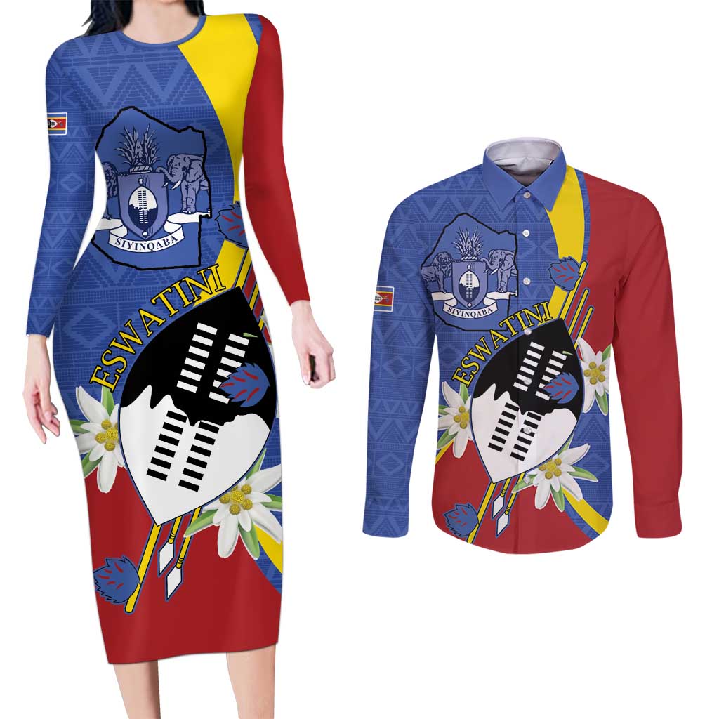 Eswatini Couples Matching Long Sleeve Bodycon Dress and Long Sleeve Button Shirt Nguni Shield Edelweiss Flower