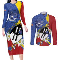 Eswatini Couples Matching Long Sleeve Bodycon Dress and Long Sleeve Button Shirt Nguni Shield Edelweiss Flower